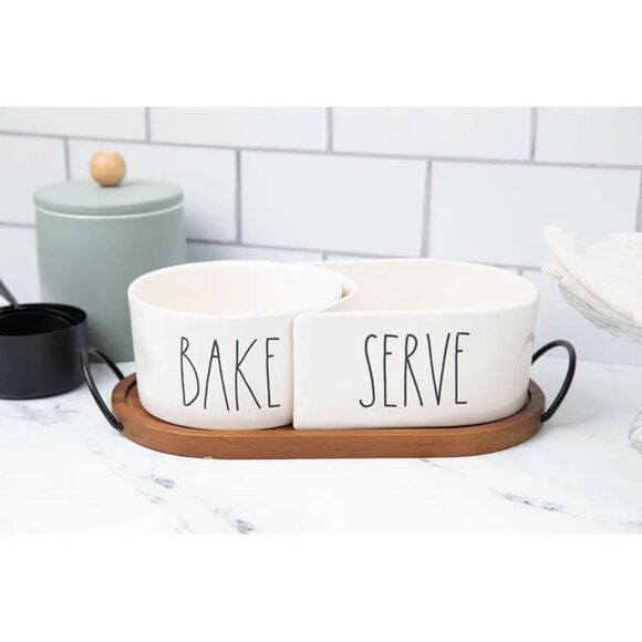 RAE DUNN by Magenta BAKE & SERVE Ceramic Baking Dish Set with wood tray - Picture 1 of 3